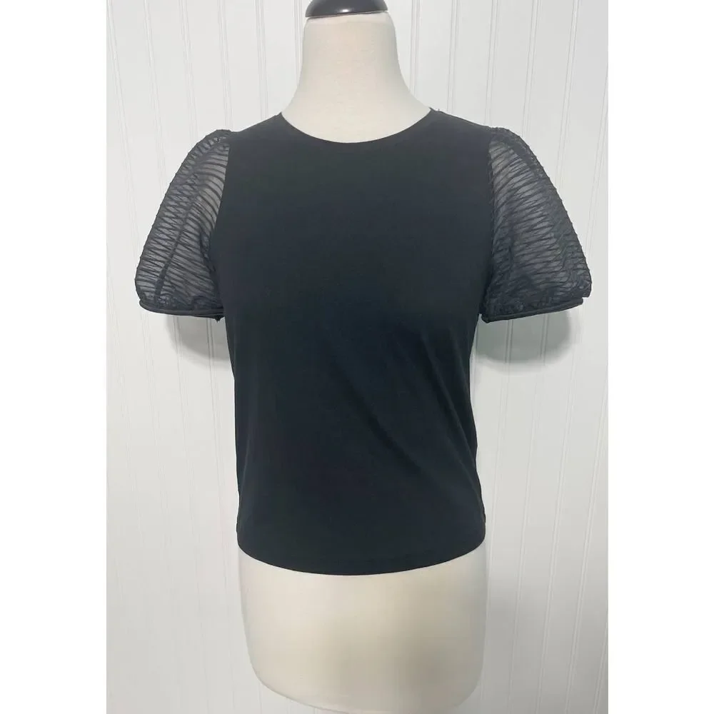 Madewell Striped Sheer Puff Sleeve Knit T-Shirt Crewneck Short Sleeve Black XS‎